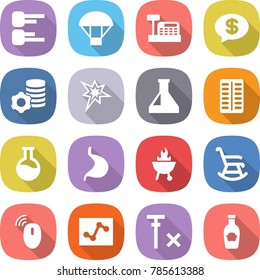 flat vector icon set - diagram vector, parachute, cashbox, money message, virtual mining, bang, flask, pills blister, stomach, bbq, rocking chair, wireless mouse, analytics, no signal, ketchup