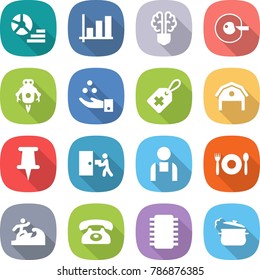 flat vector icon set - diagram vector, graph, bulb brain, cell corection, jet robot, chemical industry, medical label, barn, pin, courier delivery, workman, cafe, surfer, phone, chip, steam pan