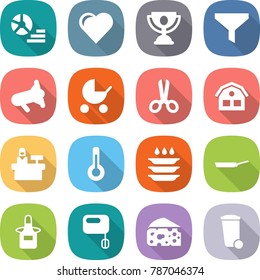 flat vector icon set - diagram vector, heart, trophy, funnel, megafon, baby stroller, scissors, house, reception, thermometer, plate washing, pan, apron, mixer, cheese, trash bin