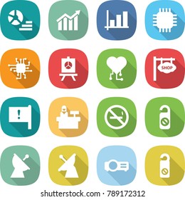 flat vector icon set - diagram vector, graph, chip, presentation, cardio, shop signboard, important flag, reception, no smoking, do not distrub, satellite antenna, projector
