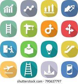 flat vector icon set - diagram vector, graph, up, down arrow, ladder, tower crane, trip, route, courier delivery, package, air ballon, escalator, departure, rocket start, cleanser powder