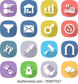 flat vector icon set - diagram vector, warehouse, graph up, store, funnel, mail, male sign, microbe, chromosomes, pencil, repair, arch, pets, apron, croissant, trash truck