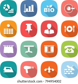 flat vector icon set - diagram vector, graph, bio, cell corection, sun power, pin, client, cafe, curtain, table, wardrobe, phone, iron, hair dryer, hard reach place cleaning, construct garbage