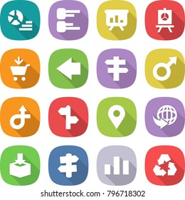 flat vector icon set - diagram vector, presentation, add to cart, left arrow, singlepost, male sign, trip, signpost, geo pin, delivery, package, chart, recycling