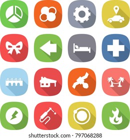 flat vector icon set - diagram vector, atom core, gear, car pointer, bow, left arrow, hospital bed, cross, bridge, house with garage, satellite, palm hammock, electricity, welding, orbit, fire