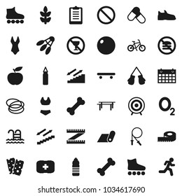 Flat vector icon set - diet vector, measuring, clipboard, bike, jump rope, horizontal bar, punching bag, fitball, snickers, boxing glove, swimsuite, roller Skates, skateboard, target, pills, cereals