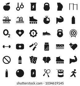 Flat vector icon set - diet vector, barbell, stopwatch, pills vial, weight, jump rope, hand trainer, horizontal bar, punching bag, fitball, muscule, buttocks, snickers, boxing glove, roller Skates