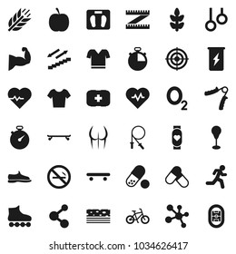 Flat vector icon set - diet vector, measuring, scales, heart pulse, stopwatch, bike, jump rope, hand trainer, punching bag, muscule, buttocks, snickers, t shirt, roller Skates, skateboard, target