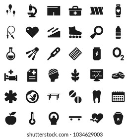 Flat vector icon set - diet vector, jump rope, horizontal bar, shorts, roller Skates, skateboard, enegry drink, heart monitor, water bottle, calendar, stairways run, cereals, shuttlecock, oxygen