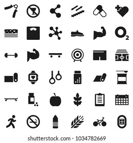 Flat vector icon set - diet vector, barbell, scales, stadium, clipboard, pills vial, bike, hand trainer, muscule, snickers, shorts, skateboard, target, sports nutrition, molecule, heart monitor