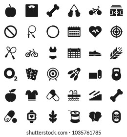 Flat vector icon set - diet vector, scales, heart pulse, stadium, bike, weight, jump rope, snickers, boxing glove, swimsuite, t shirt, target, pills, sports nutrition, monitor, calendar, fitness mat