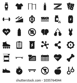 Flat vector icon set - diet vector, barbell, measuring, heart pulse, stopwatch, clipboard, pills vial, horizontal bar, punching bag, snickers, boxing glove, swimsuite, t shirt, roller Skates, medal