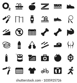 Flat vector icon set - diet vector, measuring, scales, bike, jump rope, hand trainer, horizontal bar, punching bag, fitball, muscule, buttocks, snickers, boxing glove, t shirt, sports nutrition