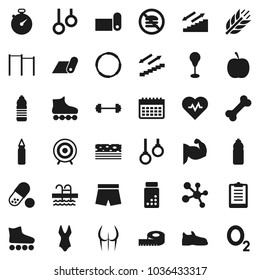 Flat vector icon set - diet vector, barbell, measuring, heart pulse, stopwatch, clipboard, pills vial, horizontal bar, punching bag, muscule hand, buttocks, snickers, shorts, swimsuite, target, pool