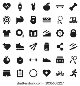 Flat vector icon set - diet vector, barbell, scales, heart pulse, stadium, stopwatch, clipboard, pills vial, bike, weight, jump rope, muscule hand, snickers, shorts, swimsuite, t shirt, skateboard