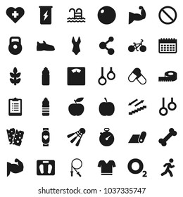 Flat vector icon set - diet vector, measuring, scales, stopwatch, clipboard, bike, weight, jump rope, fitball, muscule hand, snickers, swimsuite, t shirt, pills, enegry drink, molecule, water bottle