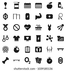 Flat vector icon set - diet vector, scales, heart pulse, stopwatch, clipboard, pills vial, jump rope, horizontal bar, punching bag, muscule hand, buttocks, swimsuite, t shirt, skateboard, target