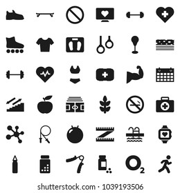 Flat vector icon set - diet vector, barbell, measuring, scales, heart pulse, stadium, pills vial, jump rope, hand trainer, punching bag, fitball, muscule, snickers, swimsuite, t shirt, roller Skates