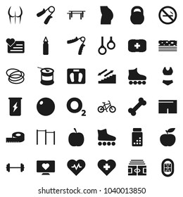 Flat vector icon set - diet vector, barbell, measuring, scales, heart pulse, stadium, pills vial, bike, weight, hand trainer, horizontal bar, punching bag, fitball, buttocks, shorts, swimsuite, bone