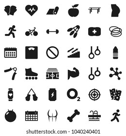 Flat vector icon set - diet vector, barbell, scales, heart pulse, stadium, bike, hand trainer, horizontal bar, fitball, muscule, buttocks, boxing glove, roller Skates, target, enegry drink, molecule