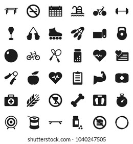 Flat vector icon set - diet vector, barbell, scales, heart pulse, stopwatch, clipboard, pills vial, bike, weight, jump rope, hand trainer, horizontal bar, punching bag, fitball, muscule, skateboard