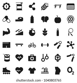 Flat vector icon set - diet vector, barbell, measuring, heart pulse, stopwatch, bike, jump rope, hand trainer, horizontal bar, punching bag, muscule, buttocks, boxing glove, shorts, t shirt, target
