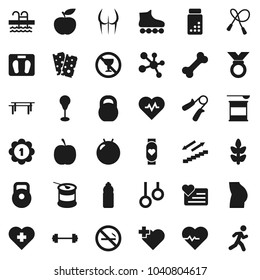 Flat vector icon set - diet vector, barbell, scales, heart pulse, pills vial, weight, jump rope, hand trainer, horizontal bar, punching bag, fitball, buttocks, roller Skates, medal, sports nutrition