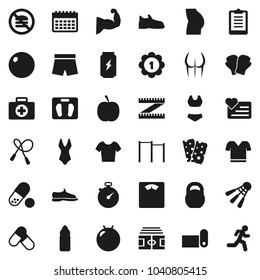 Flat vector icon set - diet vector, measuring, scales, stadium, stopwatch, clipboard, weight, jump rope, horizontal bar, fitball, muscule hand, buttocks, snickers, boxing glove, shorts, swimsuite
