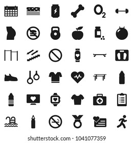 Flat vector icon set - diet vector, barbell, scales, heart pulse, clipboard, pills vial, weight, horizontal bar, punching bag, fitball, buttocks, snickers, t shirt, skateboard, medal, enegry drink