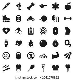 Flat vector icon set - diet vector, barbell, stopwatch, clipboard, bike, fitball, muscule hand, buttocks, t shirt, roller Skates, target, pills, enegry drink, heart monitor, stairways run, cereals