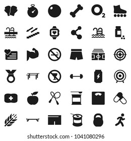 Flat vector icon set - diet vector, barbell, scales, stadium, stopwatch, pills vial, weight, jump rope, horizontal bar, fitball, muscule hand, boxing glove, shorts, roller Skates, skateboard, target