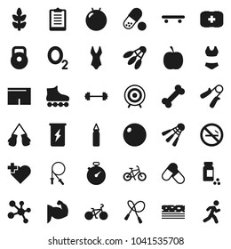 Flat vector icon set - diet vector, barbell, stopwatch, clipboard, pills vial, bike, weight, jump rope, hand trainer, punching bag, fitball, muscule, boxing glove, shorts, swimsuite, roller Skates