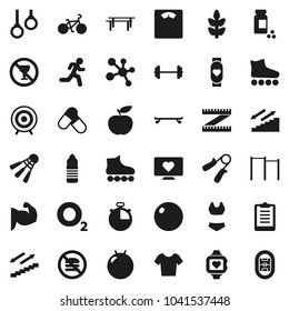 Flat vector icon set - diet vector, barbell, measuring, scales, stopwatch, clipboard, pills vial, bike, hand trainer, horizontal bar, fitball, muscule, swimsuite, t shirt, roller Skates, skateboard
