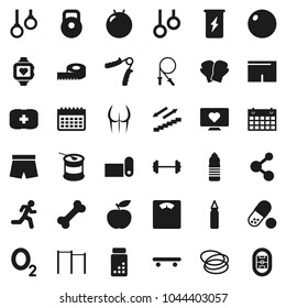 Flat vector icon set - diet vector, barbell, measuring, scales, pills vial, weight, jump rope, hand trainer, horizontal bar, punching bag, fitball, buttocks, boxing glove, shorts, skateboard, bone