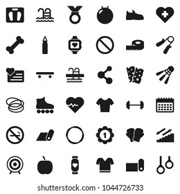 Flat vector icon set - diet vector, barbell, measuring, scales, heart pulse, hand trainer, punching bag, fitball, snickers, boxing glove, t shirt, roller Skates, skateboard, target, medal, molecule