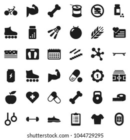 Flat vector icon set - diet vector, barbell, measuring, scales, stadium, clipboard, pills vial, bike, weight, fitball, muscule hand, snickers, t shirt, roller Skates, skateboard, medal, enegry drink