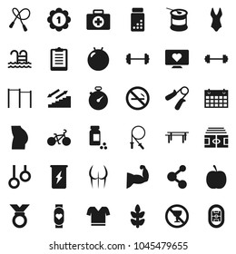 Flat vector icon set - diet vector, barbell, stadium, stopwatch, clipboard, pills vial, bike, jump rope, hand trainer, horizontal bar, fitball, muscule, buttocks, swimsuite, t shirt, medal, molecule