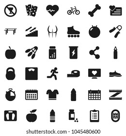 Flat vector icon set - diet vector, measuring, scales, heart pulse, stopwatch, clipboard, pills vial, bike, weight, hand trainer, horizontal bar, punching bag, fitball, buttocks, snickers, t shirt