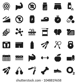 Flat vector icon set - diet vector, barbell, measuring, scales, stopwatch, pills vial, weight, jump rope, hand trainer, muscule, snickers, boxing glove, shorts, target, sports nutrition, molecule