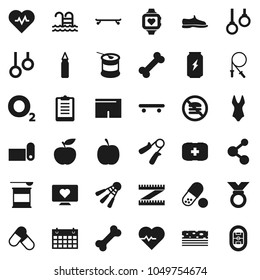 Flat vector icon set - diet vector, measuring, heart pulse, clipboard, jump rope, hand trainer, punching bag, snickers, shorts, swimsuite, skateboard, medal, pills, sports nutrition, enegry drink