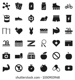 Flat vector icon set - diet vector, measuring, stadium, stopwatch, pills vial, bike, jump rope, horizontal bar, fitball, muscule hand, snickers, shorts, swimsuite, roller Skates, sports nutrition