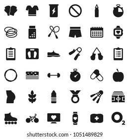 Flat vector icon set - diet vector, barbell, scales, stadium, stopwatch, clipboard, pills vial, bike, jump rope, hand trainer, punching bag, buttocks, snickers, boxing glove, shorts, t shirt, medal
