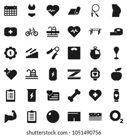 Flat vector icon set - diet vector, measuring, scales, heart pulse, stopwatch, clipboard, bike, jump rope, hand trainer, horizontal bar, punching bag, fitball, muscule, buttocks, shorts, swimsuite