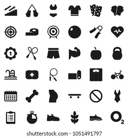 Flat vector icon set - diet vector, measuring, scales, heart pulse, stopwatch, clipboard, bike, weight, jump rope, hand trainer, fitball, muscule, buttocks, snickers, boxing glove, shorts, swimsuite
