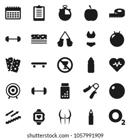Flat vector icon set - diet vector, barbell, measuring, heart pulse, stopwatch, clipboard, pills vial, hand trainer, punching bag, fitball, buttocks, boxing glove, swimsuite, skateboard, target
