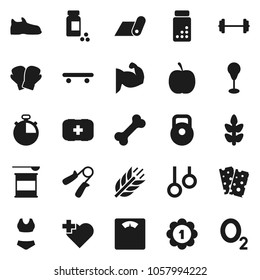 Flat vector icon set - diet vector, barbell, scales, stopwatch, pills vial, weight, hand trainer, punching bag, muscule, snickers, boxing glove, swimsuite, skateboard, medal, sports nutrition, bone