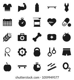 Flat vector icon set - diet vector, heart pulse, stopwatch, weight, jump rope, fitball, muscule hand, shorts, swimsuite, t shirt, skateboard, medal, pills, sports nutrition, water bottle, calendar
