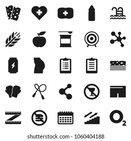 Flat vector icon set - diet vector, measuring, clipboard, jump rope, buttocks, boxing glove, shorts, target, sports nutrition, enegry drink, molecule, water bottle, calendar, stairways run, cereals