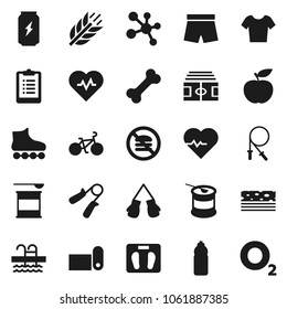 Flat vector icon set - diet vector, scales, heart pulse, stadium, clipboard, bike, jump rope, hand trainer, boxing glove, shorts, t shirt, roller Skates, sports nutrition, enegry drink, molecule