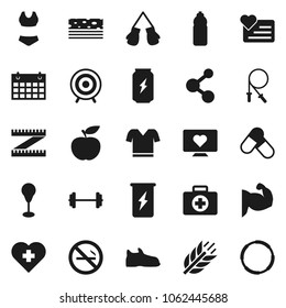 Flat vector icon set - diet vector, barbell, measuring, jump rope, punching bag, muscule hand, snickers, boxing glove, swimsuite, t shirt, target, pills, enegry drink, molecule, water bottle, breads